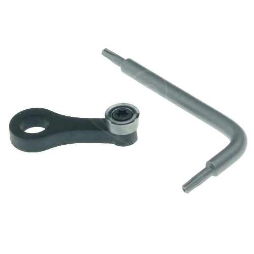 Metal shear cutter adjustment arm and L-shaped tool for precision tool maintenance and repair tasks