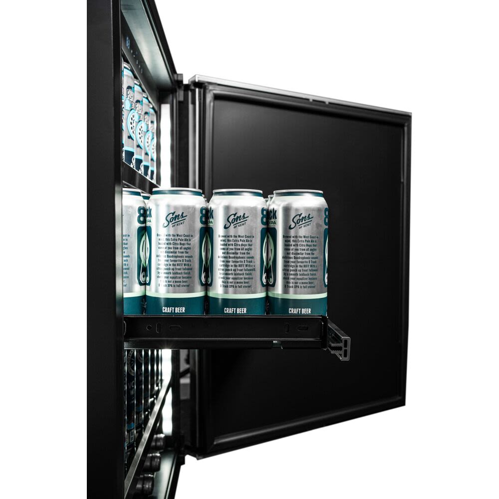 Open black stainless steel beverage cooler with LED lighting and pull-out shelf stocked with cans in Appliances collection