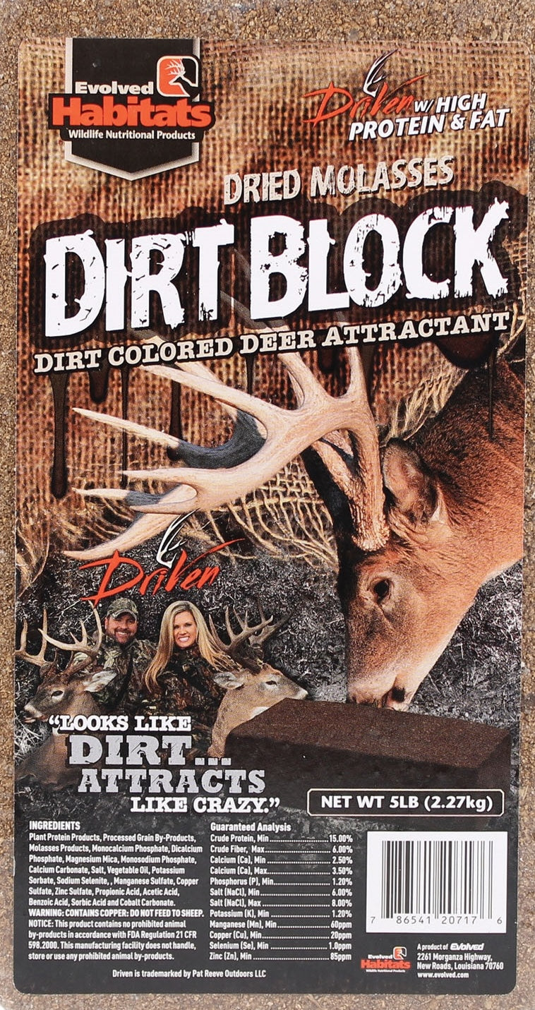 Package of dried molasses dirt-colored deer attractant block with antler graphic and wildlife branding