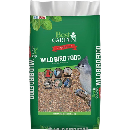 Green bag of Best Garden wild bird food featuring a blue-gray bird perched on a branch with seed mix visible through window