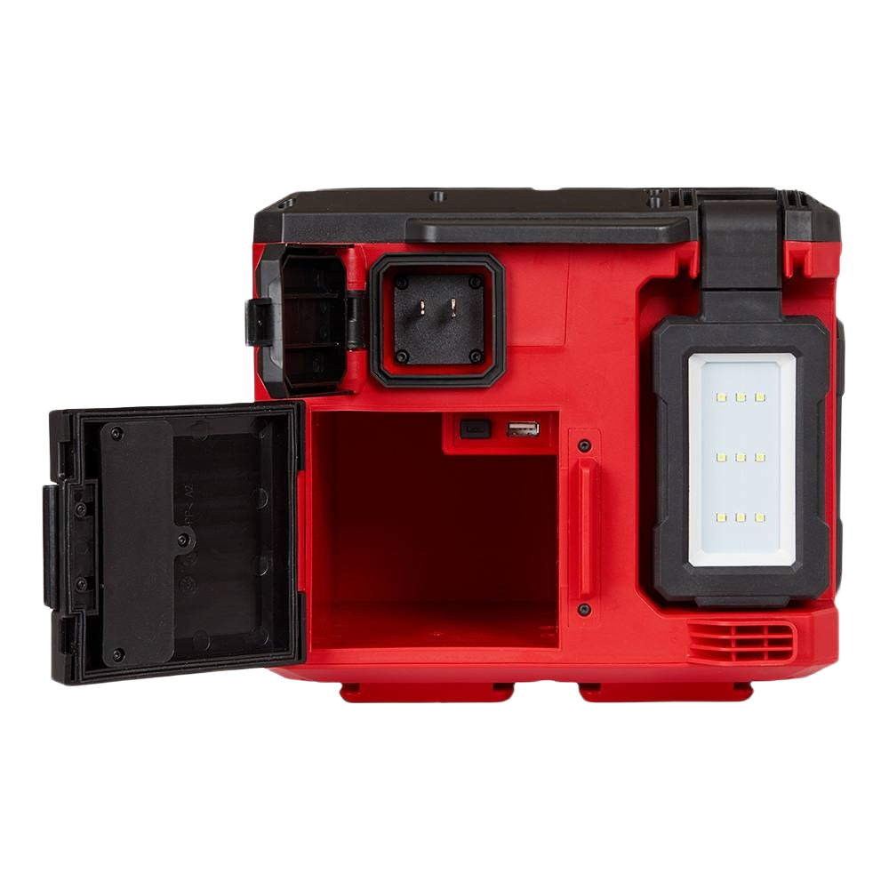 Red and black Milwaukee PACKOUT light and charger with open storage compartment and built-in multi-LED panel for home improvement