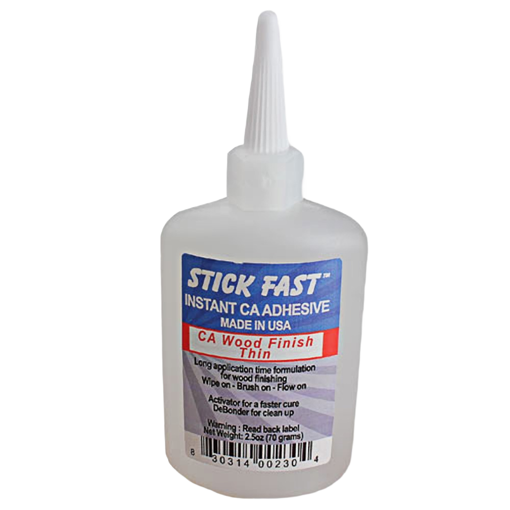 White plastic bottle of Stick Fast CA Wood Finish thin instant adhesive with blue and red label for home improvement use