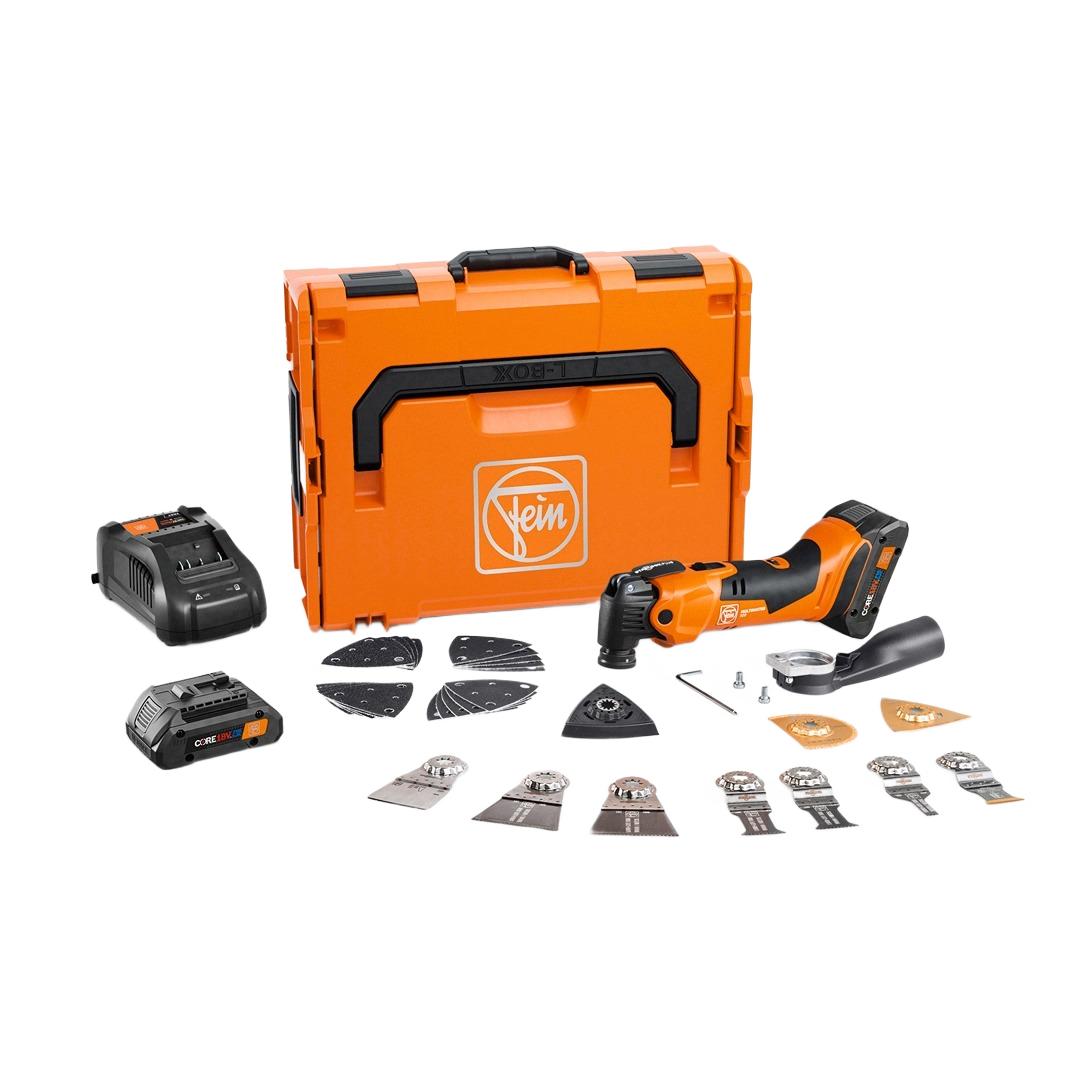 Orange cordless multi-tool kit with multiple attachments, battery, charger, and carrying case for home improvement tasks