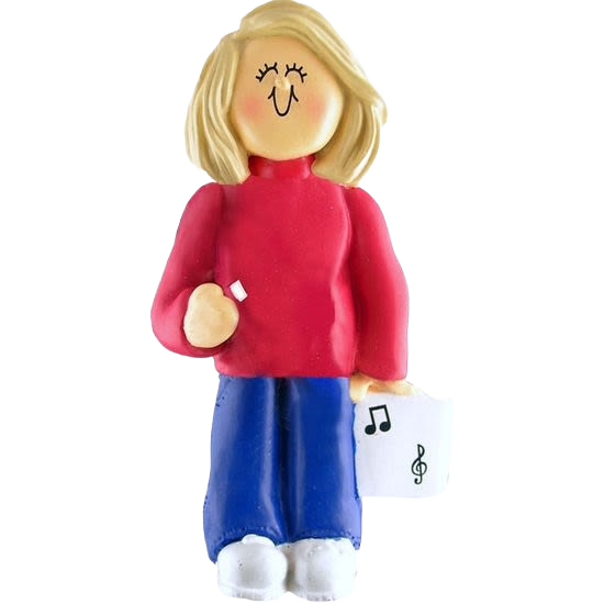 Blonde female musician figurine ornament holding sheet music with music notes, Christmas Ornaments & Tree Decorations collection under $50