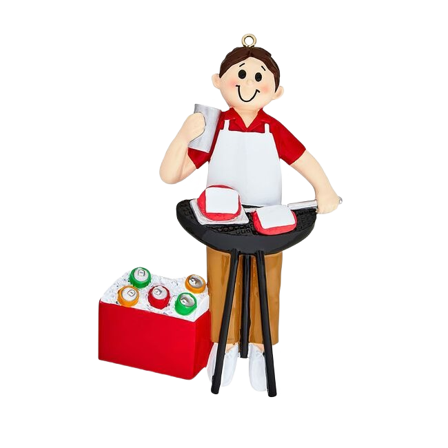 Cheerful BBQ man ornament grilling burgers next to cooler of drinks for Christmas tree decor under $50 collection