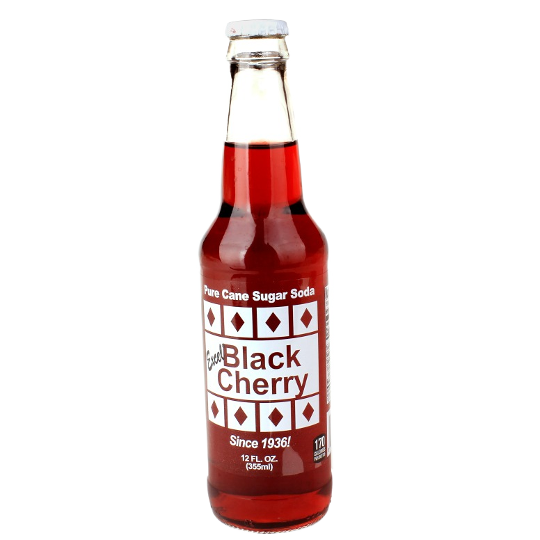 Glass bottle of black cherry soda made with pure cane sugar, featuring a vintage-style label design