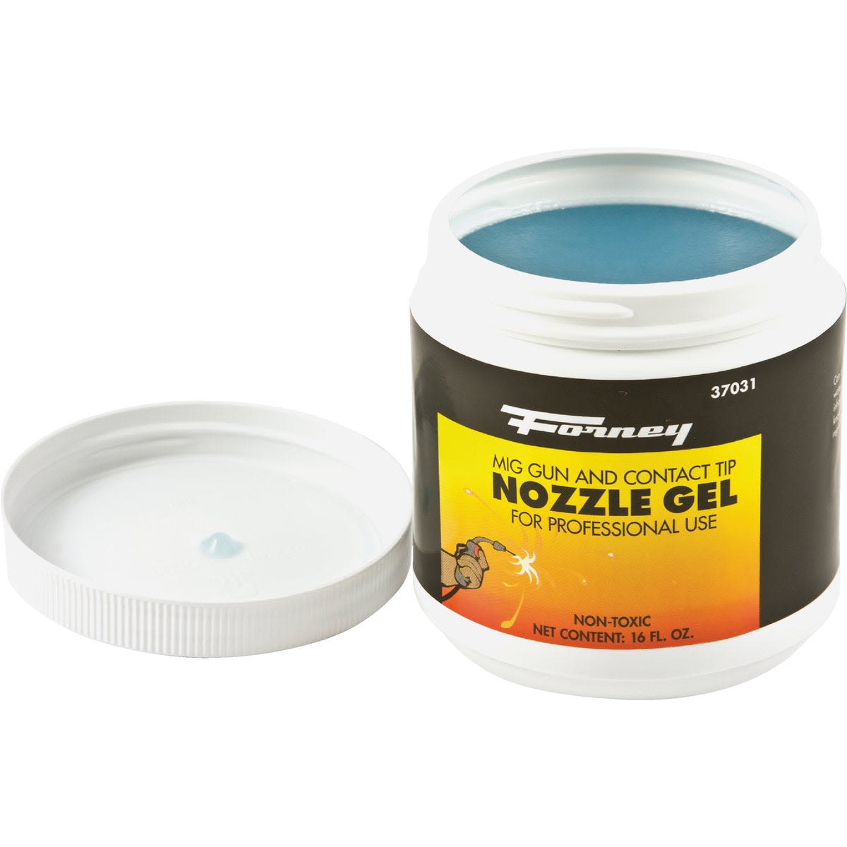 Open container of blue gel for MIG gun nozzle lubrication in white plastic jar for tools and home improvement use