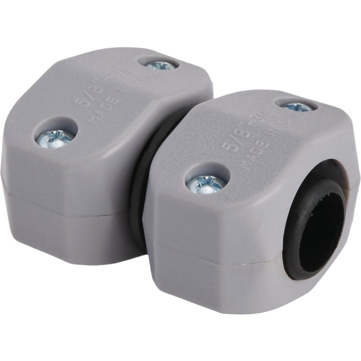 Gray plastic garden hose connector with screws designed for repairing or joining 5/8 inch or 3/4 inch hoses