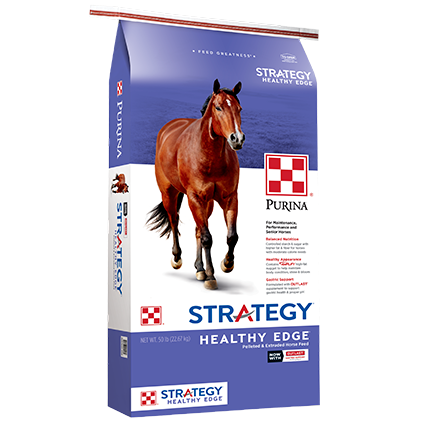 Bag of Purina Strategy Healthy Edge horse feed featuring a running horse on a blue and white background