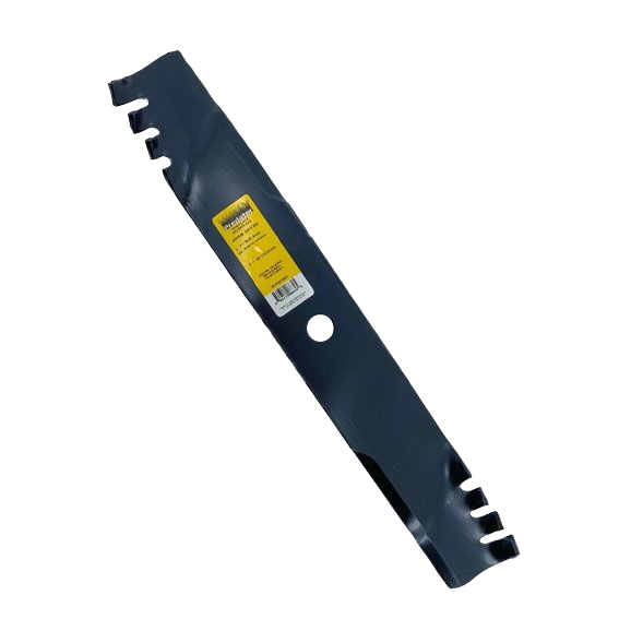 Blue steel mower blade with toothed edges and center hole for John Deere mower decks in Parts & Lubricants collection