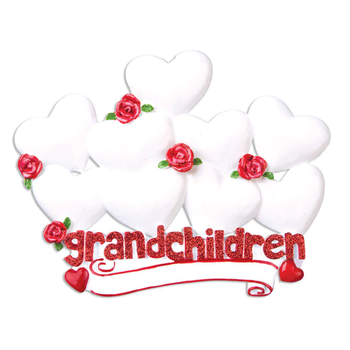 White heart cluster ornament with red roses and glittery red grandchildren lettering Christmas decoration under 50