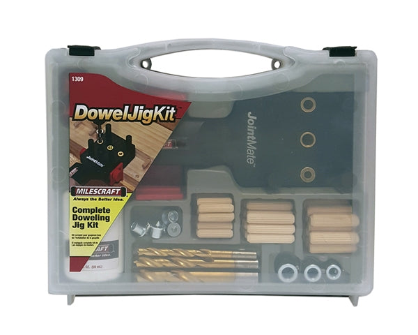 Clear plastic case containing doweling jig kit with drill bits, wooden dowels, and hardware for woodworking projects