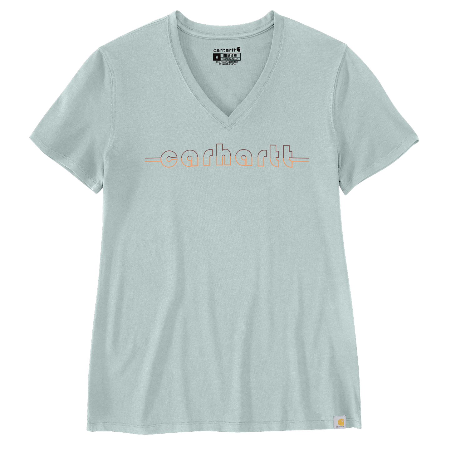 Light blue women's V-neck short sleeve shirt with subtle graphic logo across the chest for casual wear