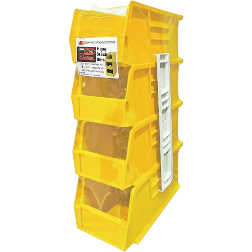 Set of four yellow stackable and hangable medium storage bins for organizing parts and tools in garage or workshop