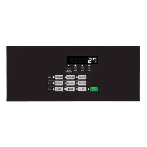 Digital control panel with cycle, wash, and temperature settings plus green start button for commercial top load washers collection