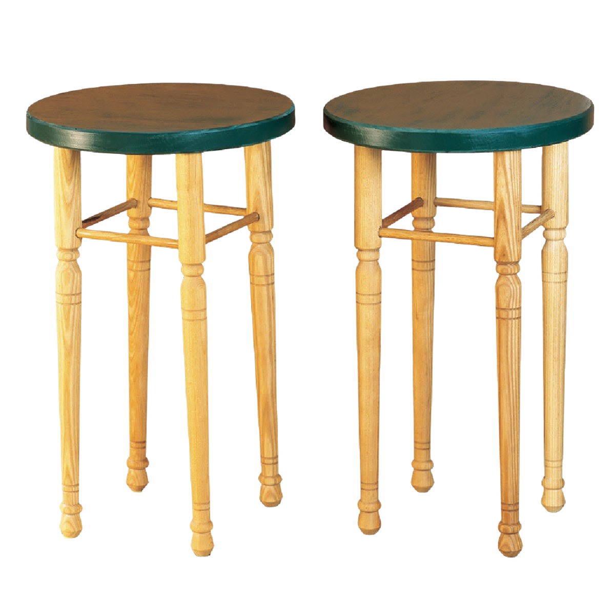 Pair of wooden round stools with turned legs in early American style for furniture and home improvement collections