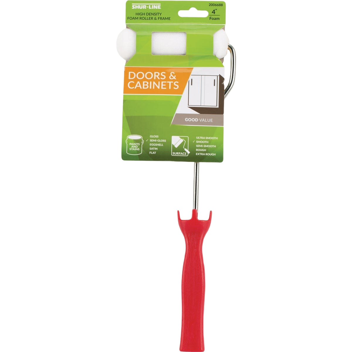 Mini foam roller with red handle designed for painting doors and cabinets in home improvement projects under $50