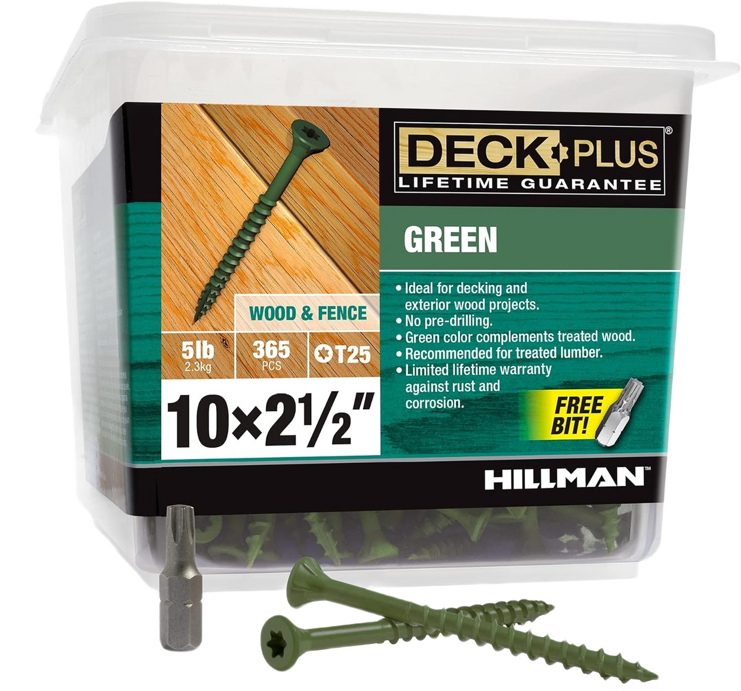 Plastic container of green wood screws with a free bit, suitable for decking and treated lumber projects in hardware collection