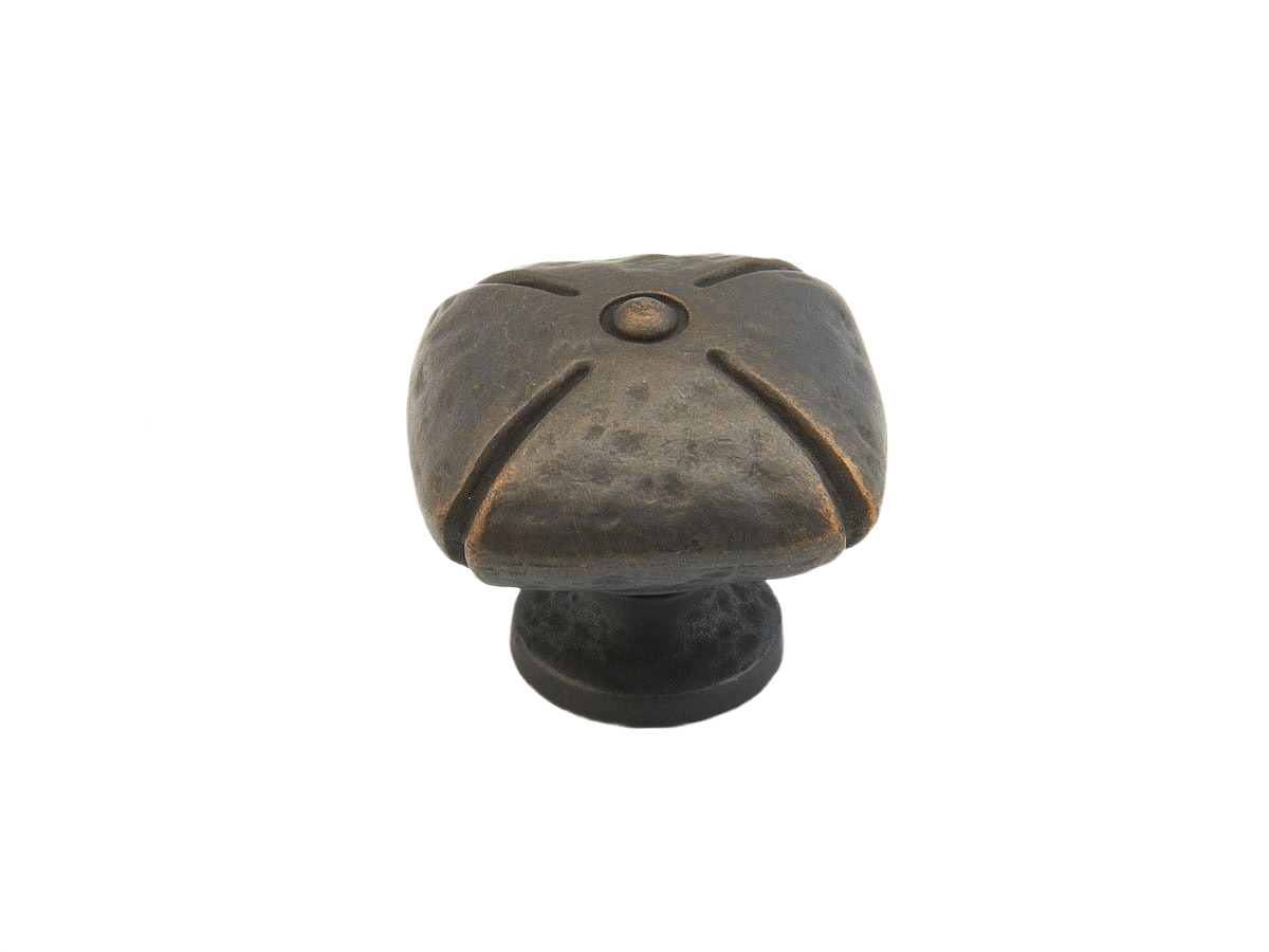 Rustic square cabinet knob in ancient bronze finish with textured design for furniture hardware and home improvement projects