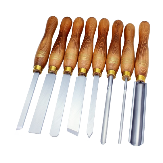 Set of eight wood-turning hand tools with polished metal blades and smooth wooden handles for woodworking tasks