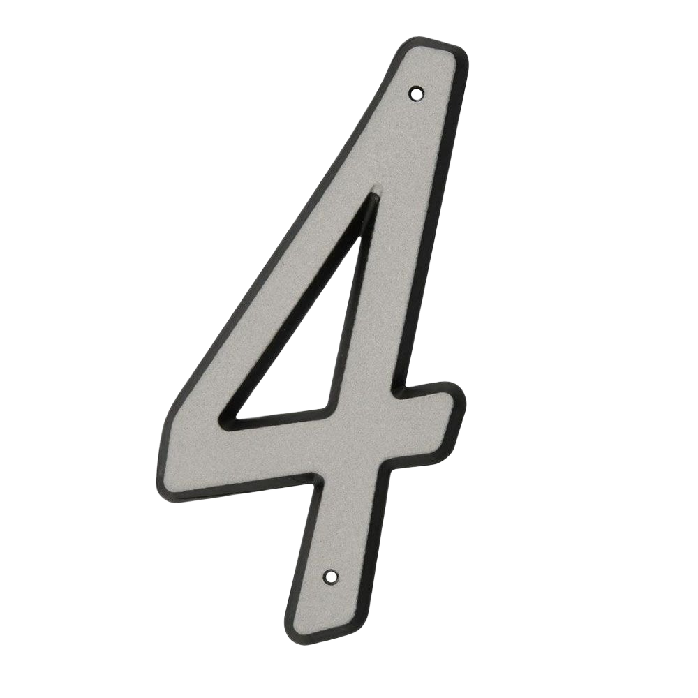 Reflective silver house number 4 with nail holes for easy installation in hardware and home improvement tasks