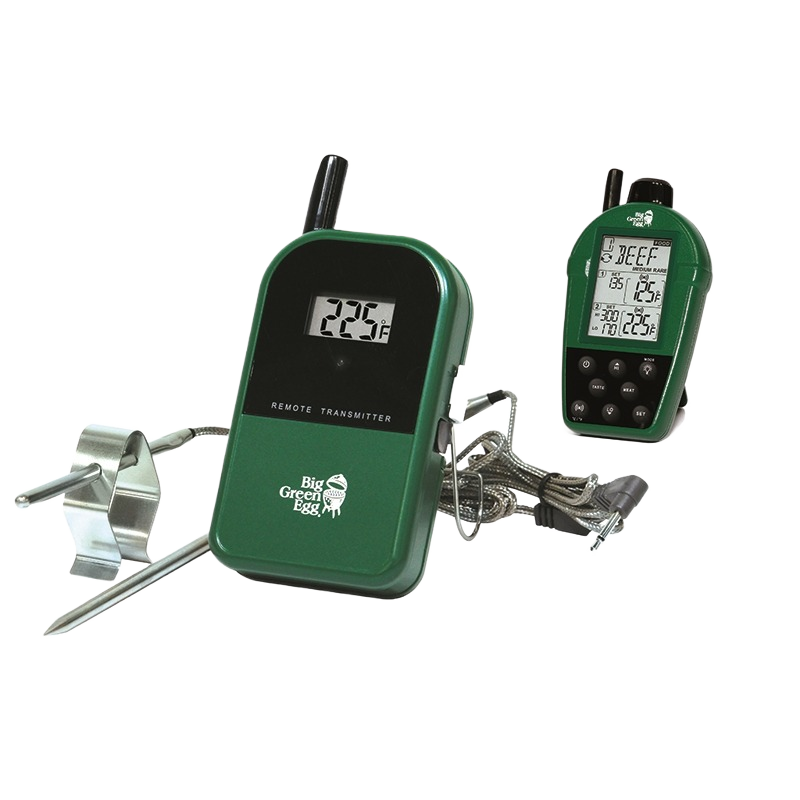 Green wireless dual probe thermometer with digital displays and metal probes for tools and home improvement use