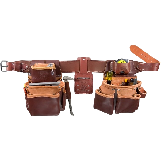 Brown leather pro framer tool belt with double outer bags for woodworking tools and workshop organization