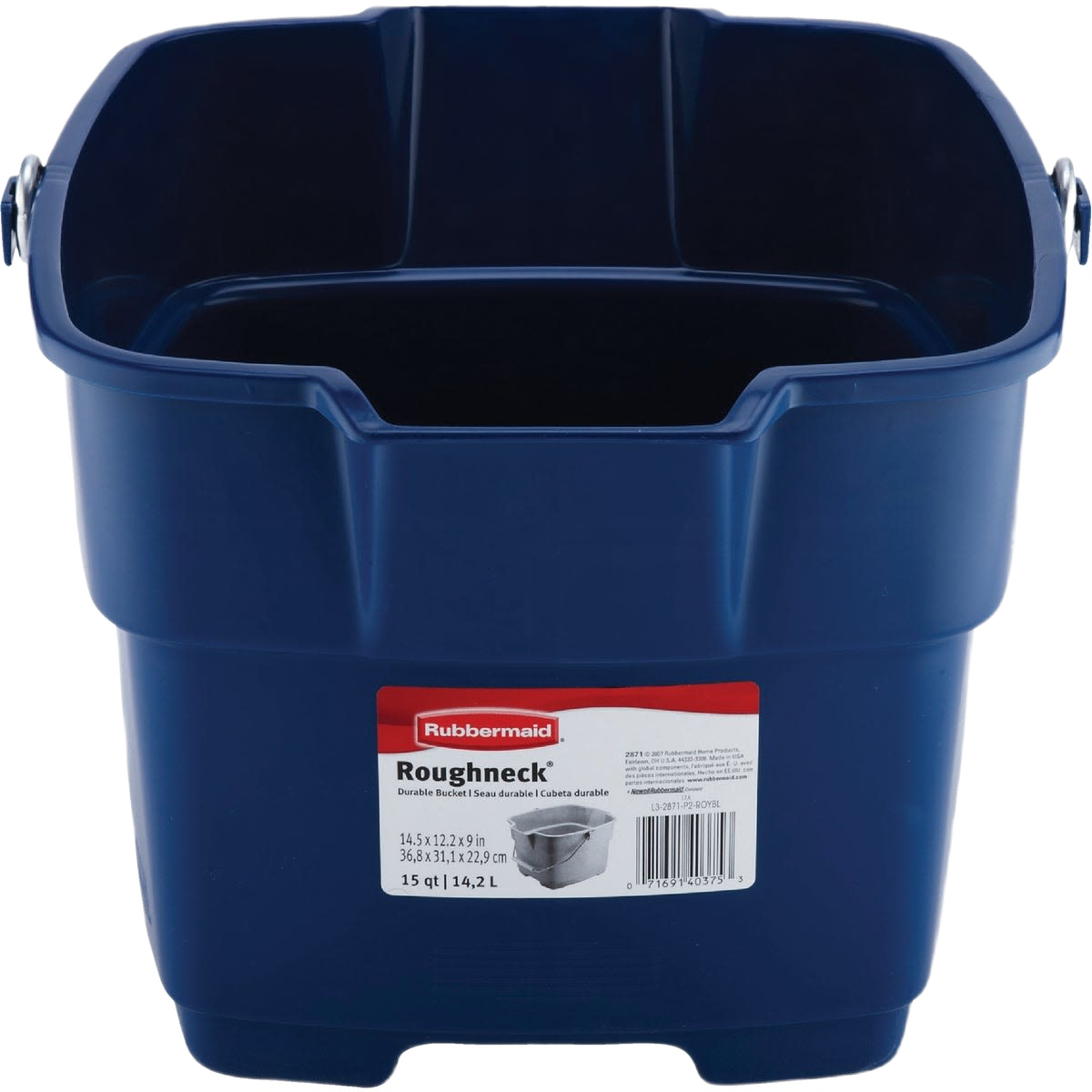 Blue heavy-duty Roughneck bucket with durable wire bail and twin spouts for cleaning and home improvement use