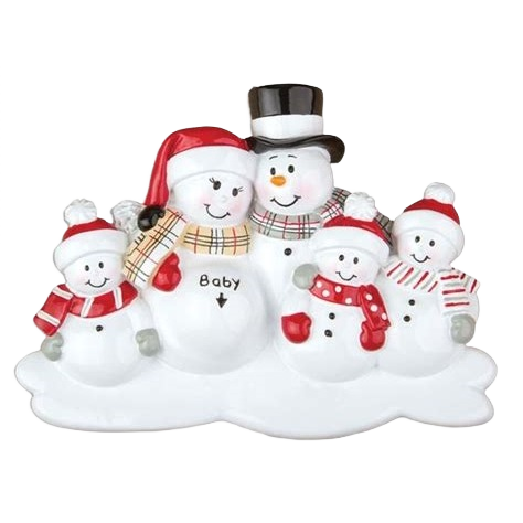 Family snowman ornament with expecting parents and three children in festive hats from Christmas Ornaments collection