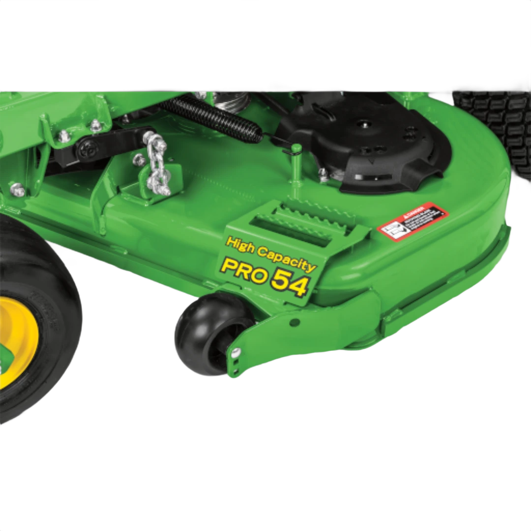Close-up of green high capacity 54-inch mower deck on lawn mower in John Deere Equipment and Lawn Mowers collections