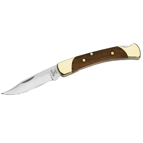 Folding pocket knife with curved stainless steel blade and brown wooden handle with brass bolsters for outdoor use