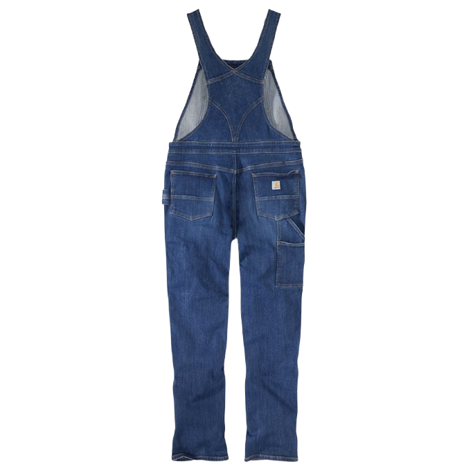Medium-wash denim bib overall for women with multiple back pockets and adjustable shoulder straps for workwear use