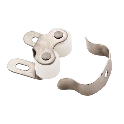 Nickel finish rolling catch with dual white rollers for secure cabinet and furniture hardware applications under $50