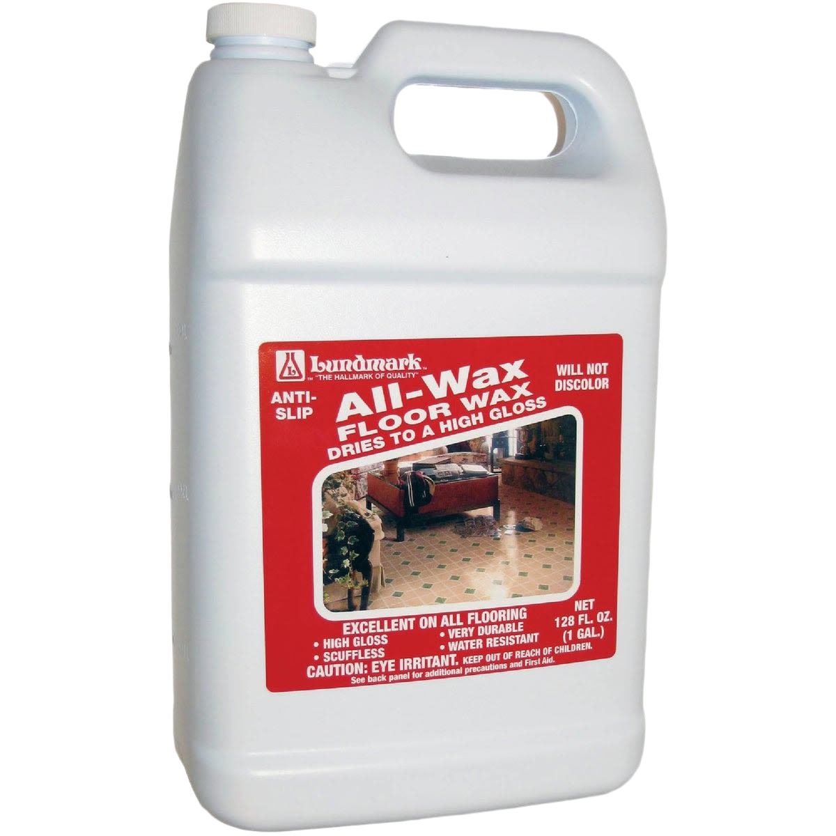 White plastic gallon container of floor wax with red label showing glossy floor and safety warnings in floor care collections