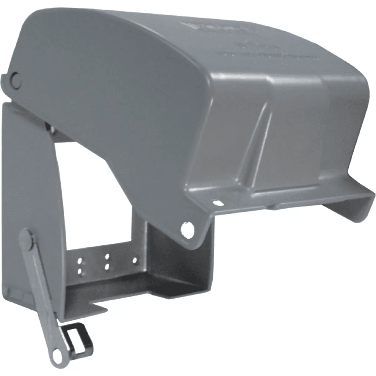 Gray metallic extra-duty outdoor electrical outlet cover with hinged lid and mounting brackets for home improvement use