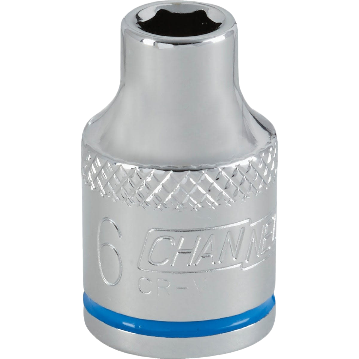 Shiny chrome 6mm 6-point shallow socket with textured grip and blue size indicator in hand tools and woodworking collections
