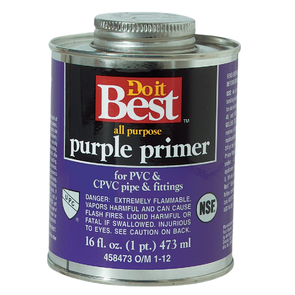 Metal can of Do it Best purple primer for PVC and CPVC pipe and fittings in plumbing accessories collection