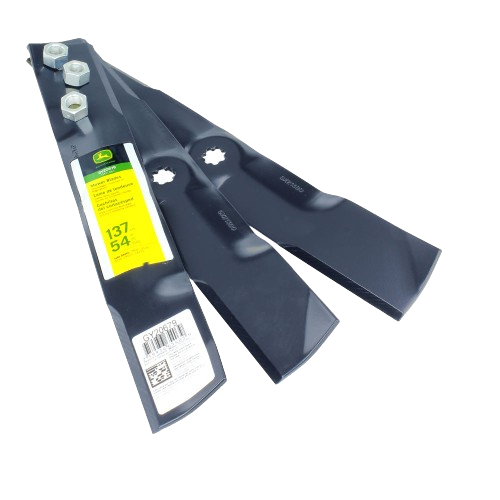 Set of heavy-duty black mower blades with mounting hardware for lawn equipment maintenance and home improvement projects