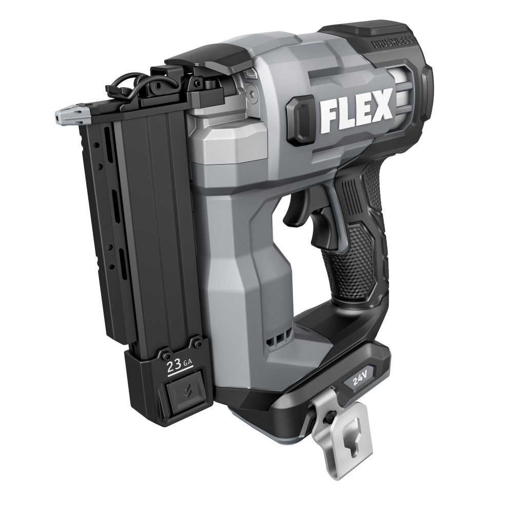 Cordless 24V FLEX 23 gauge pin nailer in gray and black with ergonomic grip and brushless motor, part of Power Tools and Nailers at Hartville Hardware for home improvement.
