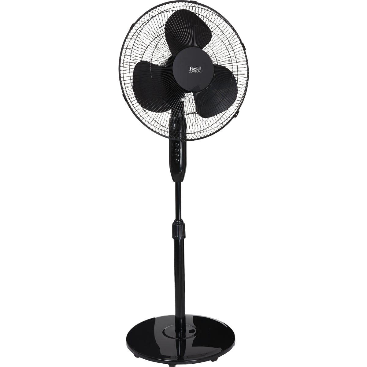 Black oscillating pedestal fan with three blades and adjustable height for home cooling and comfort