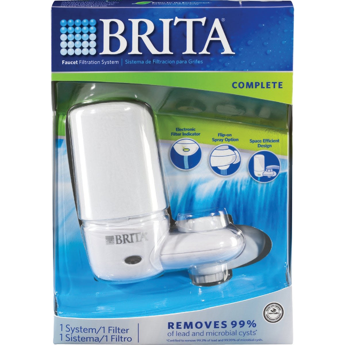 White faucet mount water filter with electronic indicator and flip-on spray option for home water filtration system