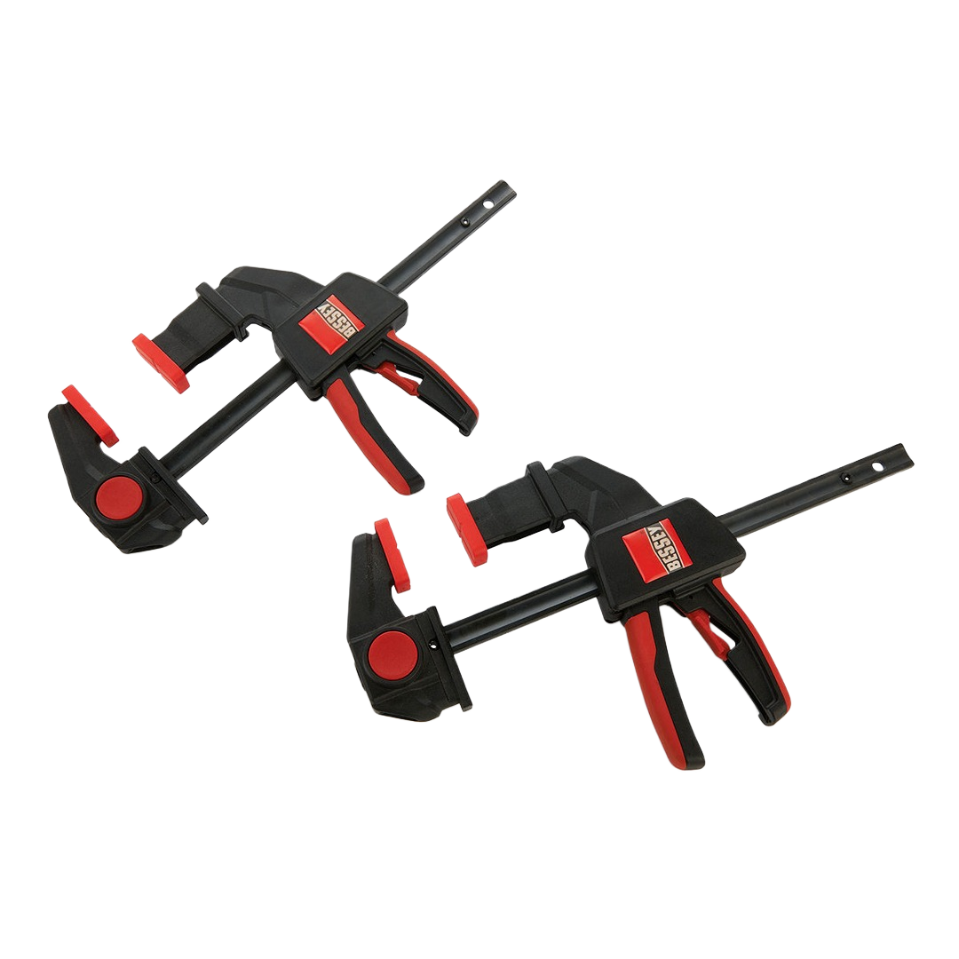 Pair of black and red one-handed bar clamps with quick-release handles for woodworking and home improvement projects