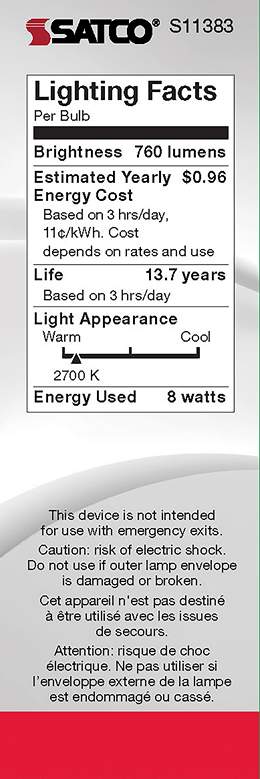 Lighting facts label showing energy usage, brightness, lifespan, and safety warnings for LED bulb in Electrical and Lighting collections under $50.
