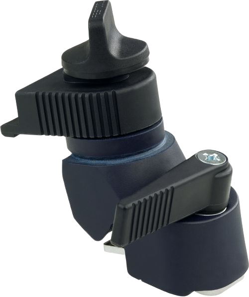 Black and dark blue table fence clamp with ridged adjustment knobs for tools and home improvement use