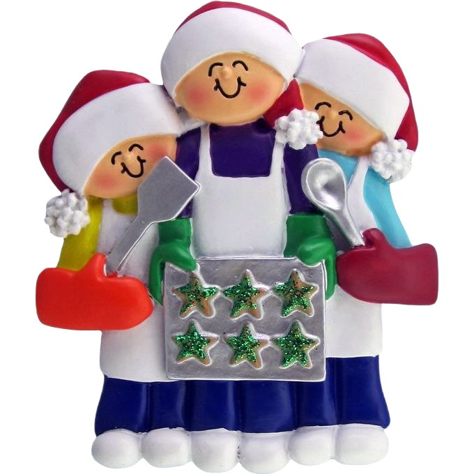 Three smiling figures in Santa hats holding a cookie tray and baking utensils in Christmas decorations collection