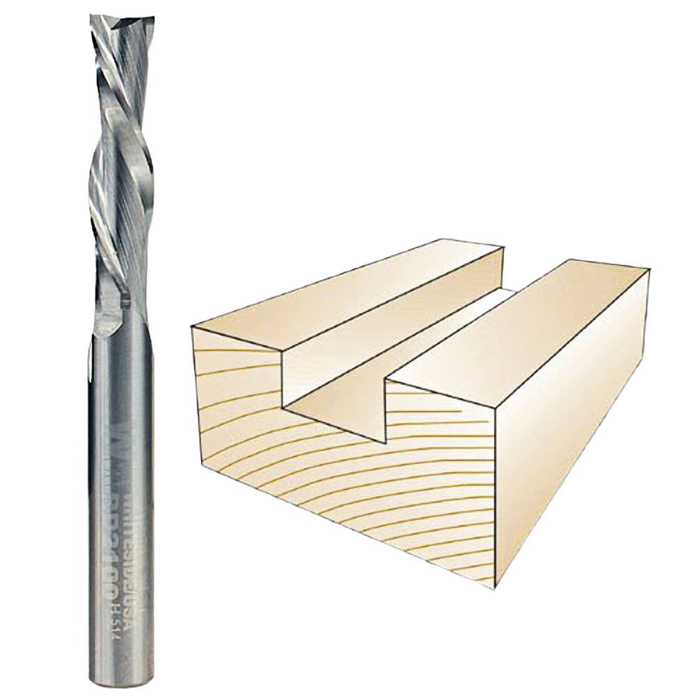 Metal spiral downcut bit alongside a diagram of a clean, precise groove in wood for tool accessories and home improvement.