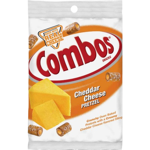 Package of Combos cheddar cheese flavored pretzel bites with pretzel pieces and cheese illustration on white background