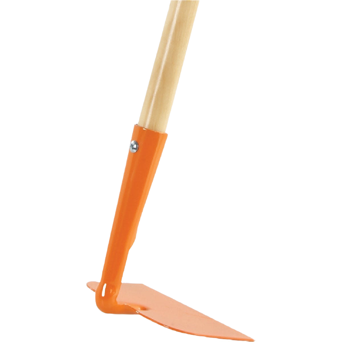Small garden hoe with bright orange metal blade and smooth finished wood handle for outdoor hand tools collections