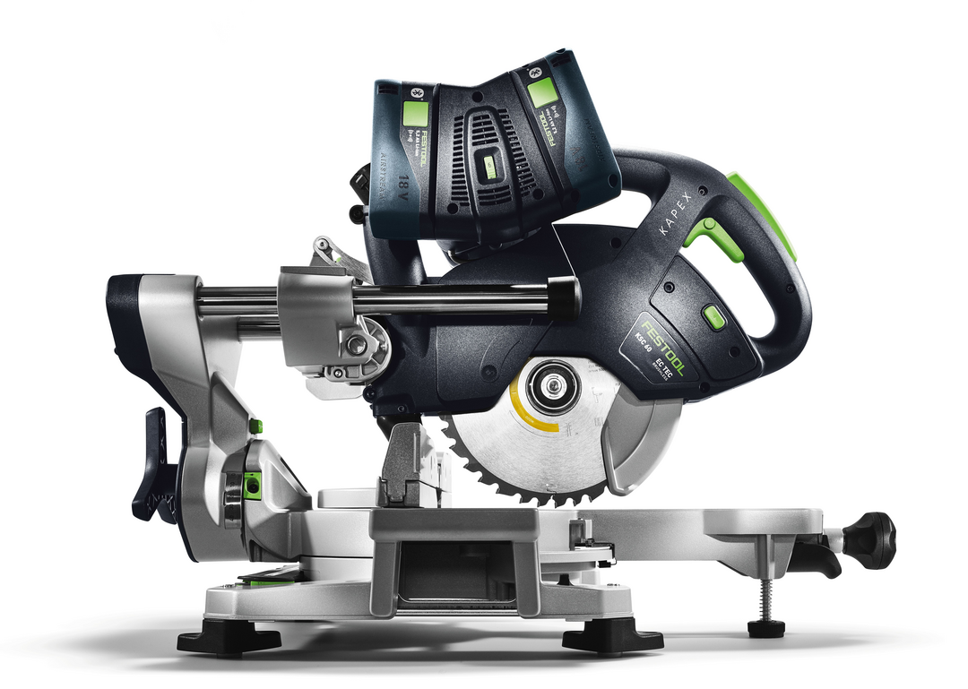 Cordless compound miter saw with sliding arm and battery pack, ideal for woodworking and power tool projects