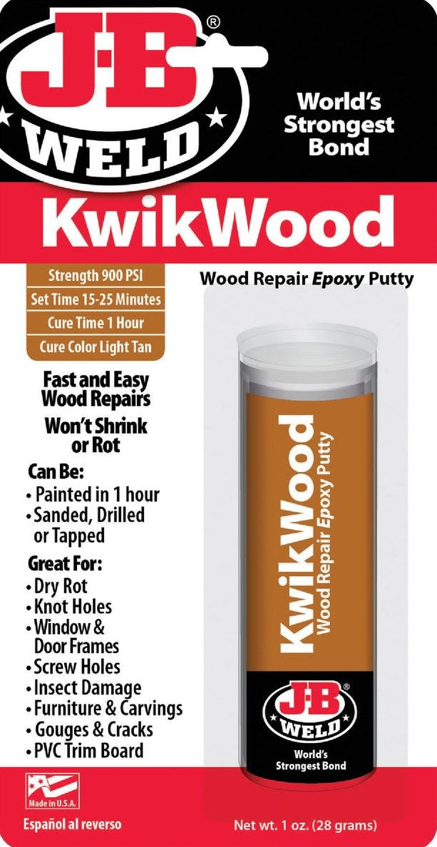 Packaging of JB Weld Kwikwood wood repair epoxy putty tube with usage details for home improvement tasks